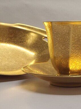 PICKARD Rose & Daisy Gold Porcelain Demitasse Cup/Saucer and Candy Dish - LOVELY